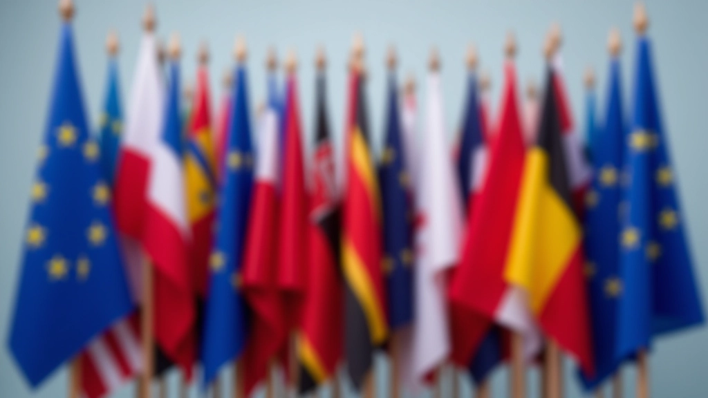 Europäische Flaggen und Symbole der Integration mit Wirtschaftsdaten im Hintergrund