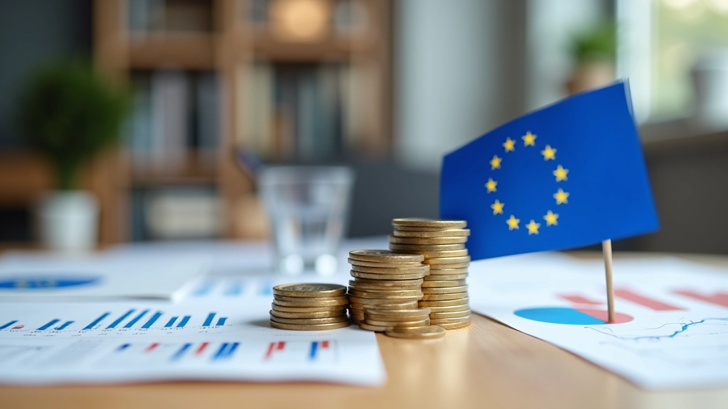 Europäische Flaggen und Währungen auf einem Schreibtisch nebeneinander angeordnet