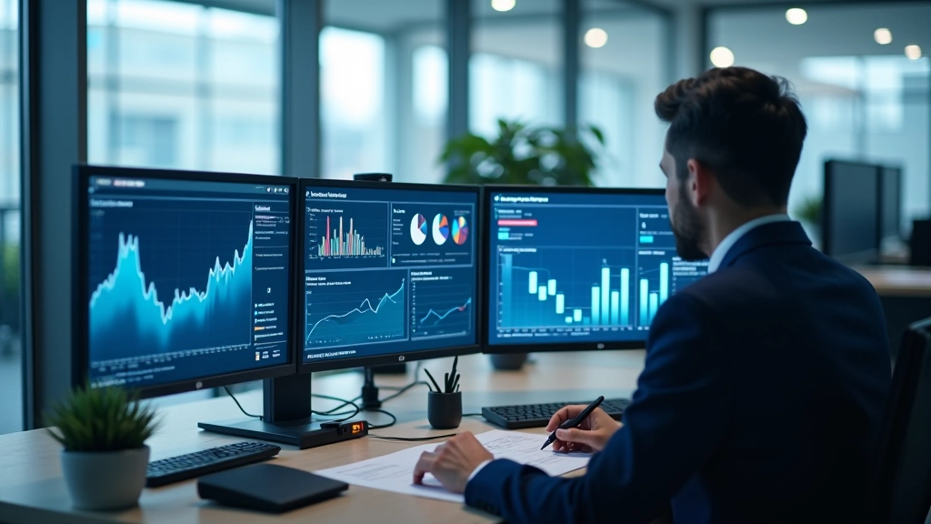 Finanzielle Daten und Statistiken auf einem modernen Arbeitsplatz mit Laptop und Grafiken